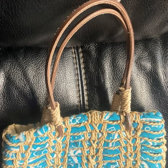 Ralph Lauren Polo Jean Co. Blue & White Bandanna Woven Straw Mini Bag - Picture 8 of 11